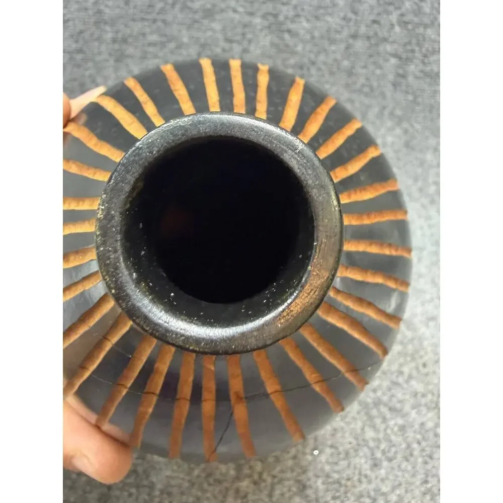 Vintage Wooden Decorative Vase Black Carved Thailand Cracks
